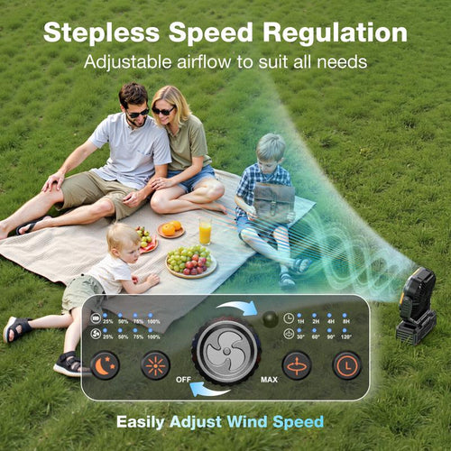 Camping Fan — 30000mAh Rechargeable, LED Light, 270° Pivot & Remote