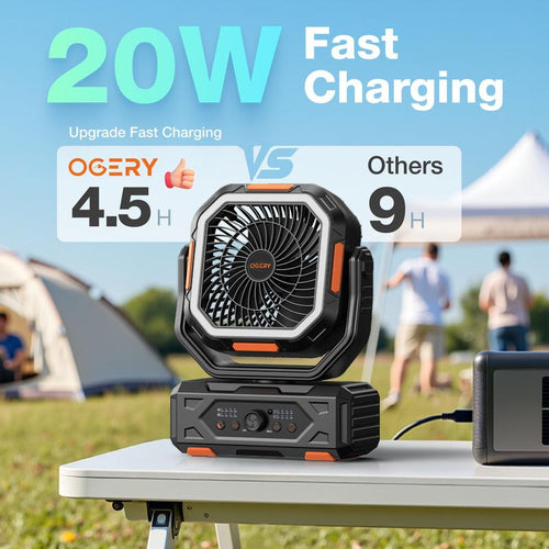 Camping Fan — 30000mAh Rechargeable, LED Light, 270° Pivot & Remote