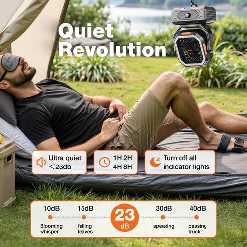 Camping Fan — 30000mAh Rechargeable, LED Light, 270° Pivot & Remote