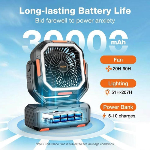 Camping Fan — 30000mAh Rechargeable, LED Light, 270° Pivot & Remote