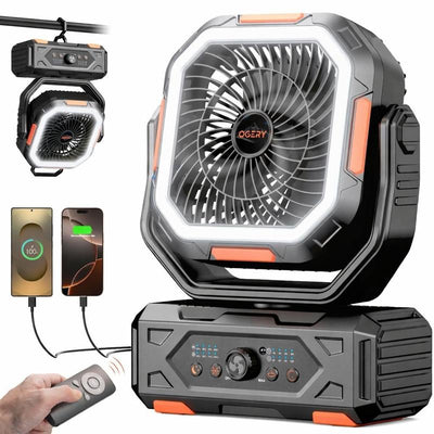 Camping Fan — 30000mAh Rechargeable, LED Light, 270° Pivot & Remote