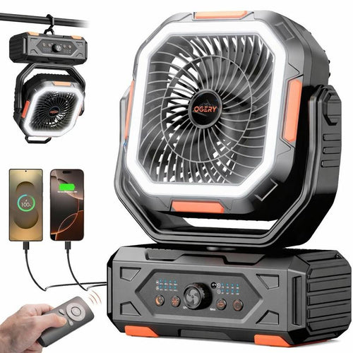 Camping Fan — 30000mAh Rechargeable, LED Light, 270° Pivot & Remote