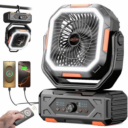 Camping Fan — 30000mAh Rechargeable, LED Light, 270° Pivot & Remote